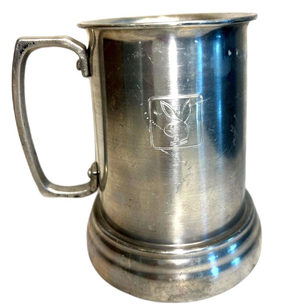 Vintage Playboy Club Glass-Bottom Beer Mug Cup Tankard Bar Metal Bunny Logo MCM